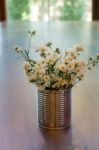 Vintage White Flower Pot On Wooden Table Stock Photo