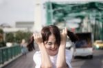 Thai Adult Girl White T-shirt Beautiful Girl Relax And Smile Stock Photo