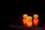 Halloween Pumpkin Lamp, Pumpkin Lantern At Night Stock Photo