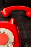 Retro Vintage Red Landline Unhang On Wooden Background Stock Photo