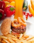 Classic Hamburger Sandwich And Fries Stock Photo