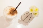 Glass Of Iced Milk Coffee Drink Stock Photo