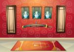 Cartoon  Illustration Interior Chinese Room With Separated Layers Stock Photo