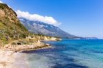 Mountains At Coast  With Blue Sea In Kefalonia Greece Stock Photo