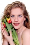 Spring Woman Tulips Stock Photo