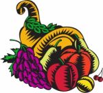 Cornucopia Fruit Harvest Woodcut Stock Photo