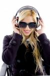 Smiling Woman Listening Music Stock Photo