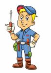 Cute Mechanic Cartoon Holding A Screw Stock Photo