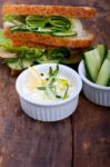 Fresh Vegetarian Sandwich With Garlic Cheese Dip Salad Stock Photo