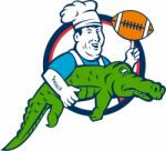 Chef Twirling Football Carry Alligator Circle Retro Stock Photo