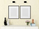 Poster Template Mock Up On Wall With Decorative Elements Stock Photo