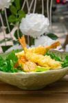 Fresh Japanese Tempura Shrimps With Salad Stock Photo