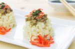 Rice Topped With Stir-fried Pork And Basil Close Up Stock Photo