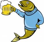 Trout Fish Holding A Beer Mug Stock Photo