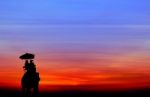 Silhouette Elephant With Tourist At Sunset Stock Photo