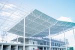 Construction Site Roof With Blue Sky Stock Photo