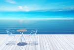 Outdoor Terrace With Table And Chairs Over Sea Stock Photo