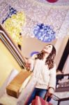 Beautiful Young Woman Holding Shopping Bags Stock Photo