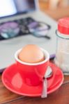 Medium Boiled Egg Breakfast On Work Station Stock Photo