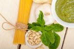 Italian Traditional Basil Pesto Pasta Ingredients Stock Photo