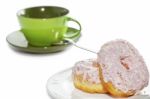 Iced Doughnuts With Coffee Cup Stock Photo