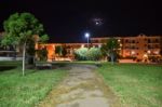 Night Public Park In The City With Houses Near Stock Photo