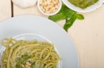 Italian Traditional Basil Pesto Pasta Ingredients Stock Photo