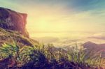 Vintage Style Sunrise On Peak Mountain Stock Photo