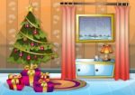 Cartoon  Illustration Interior Christmas Room With Separated Layers Stock Photo