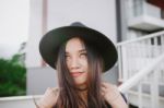 Beautiful Asian Young Woman Smiling On The City Stock Photo