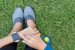 Athletic Woman Using Smartwatch On Top View Stock Photo