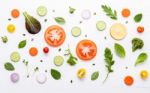 Food Pattern With Raw Ingredients Of Salad. Various Vegetables L Stock Photo