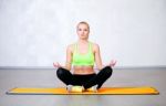 Young Fitness Woman Doing Yoga Exercises Sitting In Lotus Positi Stock Photo