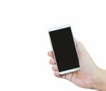 Isolated Hand Presenting Or Show White Smartphone On White Backg Stock Photo