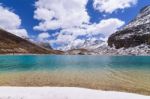 Milk Lake On Top,green And Blue With Snow Beach On The Top Of Sn Stock Photo