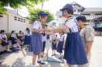 Student 9-10 Years Old, Scout In Adventure Activities, Scout Camp School Bangkok Thailand Stock Photo