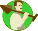 Gardener Shovel On Shoulder Circle Retro Stock Photo