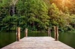 Wooden Bridge On The Lake. Pang Ung, Thailand Stock Photo