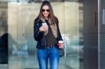 Young Beautiful Woman With Mobile Phone And Coffee Stock Photo