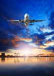 Air Cargo Plane Flying Over Ship In Harbor Port Use For Freight ,logistic And Import - Export Comercial Business Industry Stock Photo