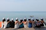 Women Friends Sit Hug Together Blue Sea Sky Stock Photo