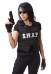 Woman And Gun Stock Photo