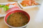 Miso Soup And Blur Other Salmon Fish Raw On Table Wood In Restua Stock Photo