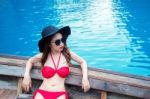 Beautiful Girl In Red Bikini On Boat Stock Photo