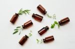 Top View, Bottle Of Essential Oil With Herbs Stock Photo