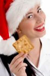 Christmas Woman Holding Biscuit Stock Photo