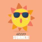 Hello Summer With Happy Sun On Sunburst Pattern Stock Photo