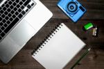 Top View Of Working Table Stock Photo