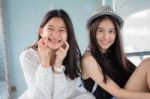 Two Asia Thai Teen Best Friends Girls Smile And Funny Stock Photo