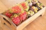 Fresh Rambutan And Mangosteen On Wooden Tray Stock Photo